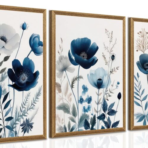 Blue Floral Watercolor Decorative Framed Art Set