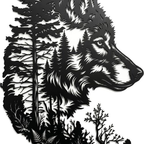 Wolf Silhouette Metal Wall Art with Pine Tree Forest